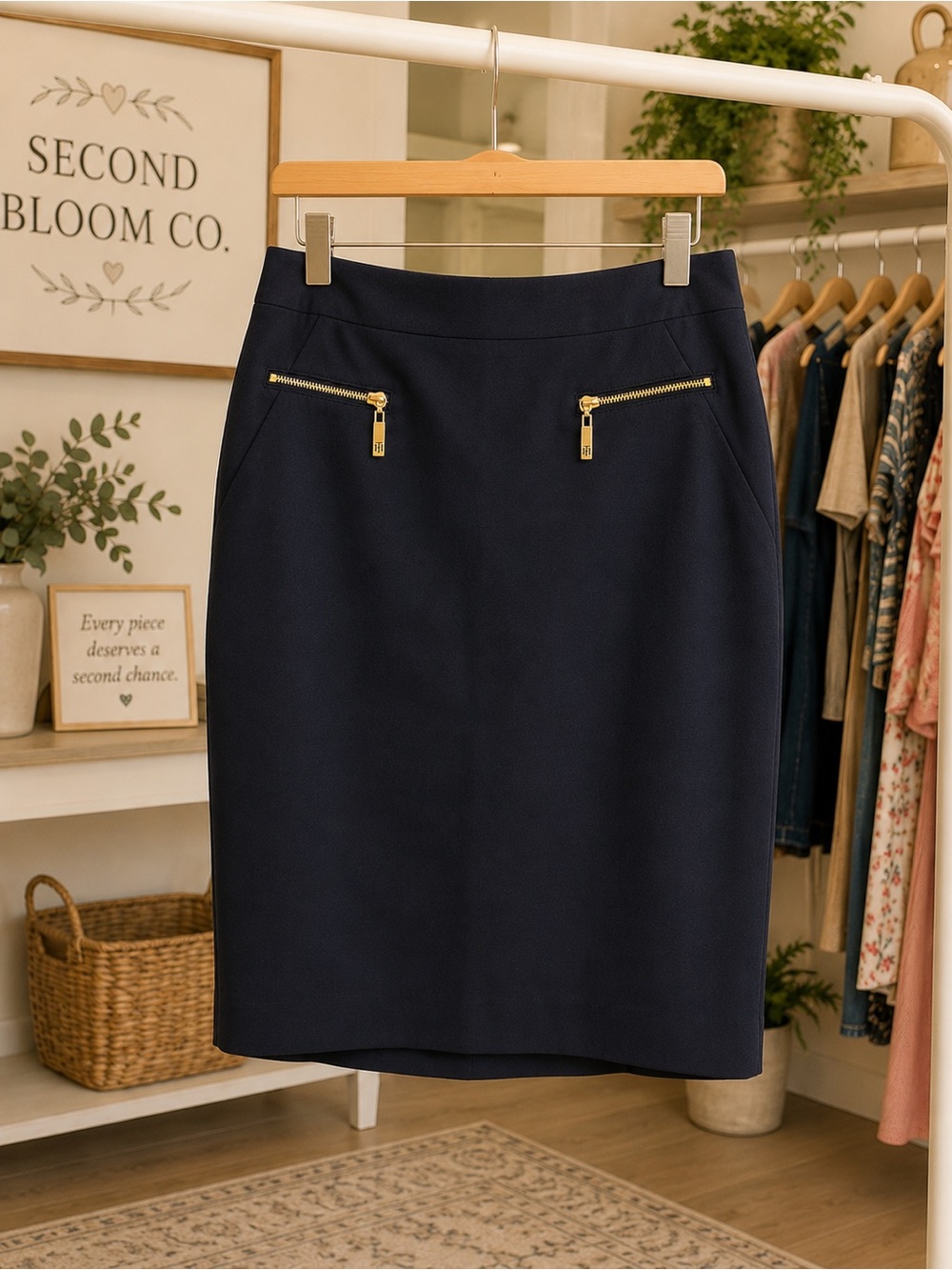 Tommy Hilfiger Navy Pencil Skirt Gold Zip Pockets Size 0